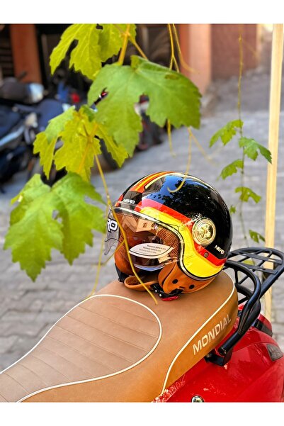 WUTUTUMOTORS NERO RETRO KASK ÇENESİZ SİYAH - SARI - KIRMIZI TK-06