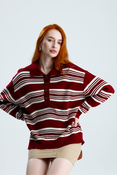 Madame QAN's Striped Polo Collar Knit Sweater