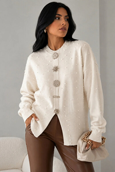 H&E LUXURY DESIGN Women's Pearl Detailed Special Design Buttoned Crew Neck Lo...