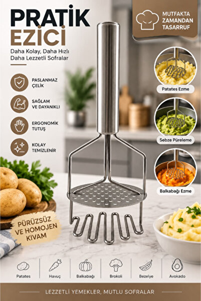 TUMU LIFE Çift Katmanlı Basmalı Patates Ezeceği Paslanmaz Çelik