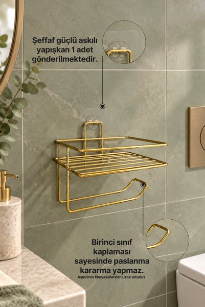 mba decor metal bending art Liva Model Yapışkanlı Raflı Tuvalet Kağıtlığı Parlak Gold 16x13x9 cm