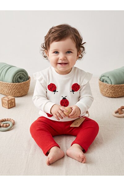 Deniva Kids Kız Bebek Kırmızı Uğur Böceği Desenli Fırfırlı Fitilli Triko Takım