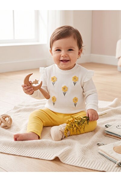 Deniva Kids Kız Bebek Sarı Çiçek Nakışlı Fırfırlı Fitilli Kaşkorse Sweatshirt...
