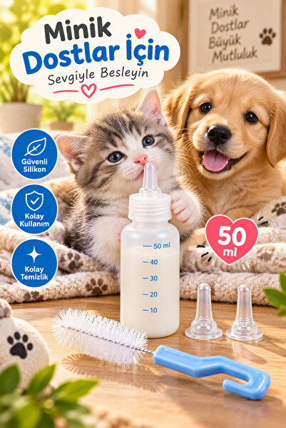 House Bird Yavru Kedi Köpek Besleme Biberonu Seti 50 ml 2 Silikon Emzik ve Te...