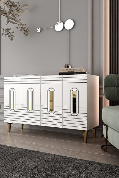120DHDK8BA LUNA LAZER PLEKSİ DESEN KONSOL ve TV SEHPASI, ÜNİTESİ BEYAZ-ALTIN