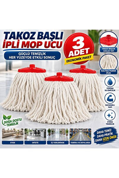 Ceyhanlar Takoz Başlı İpli Mop Ucu 3 Adet Pamuklu Yedek Mop Paspas Ucu Yüksek...