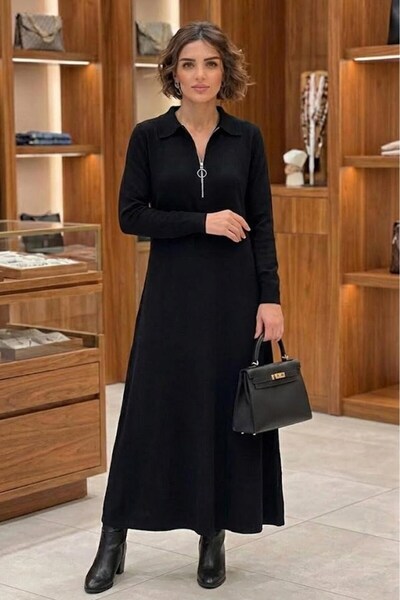 Nevin Kaya Moda Siyah Elegance Modal Kumaş Fermuar Detaylı Elbise