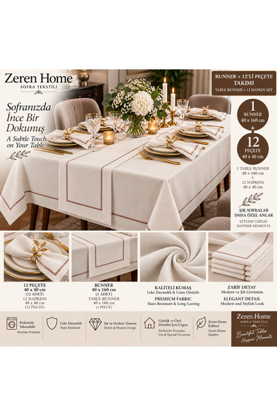 Zeren Home Bronz Pikolu Krem Renk Kutulu Masa Örtüsü Takımı – 1 Runner ve 12 ...