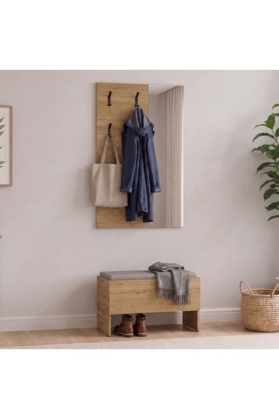 Adore Mobilya Porto 4 Askılı Aynalı Vestiyer Panosu - Florida Meşe 72x117x3 cm
