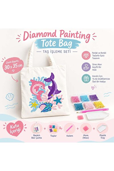 iğne izi 5D Elmas Taş İşlemeli Bez Çanta 30x35cm, Diamond Painting Tote Bag G...