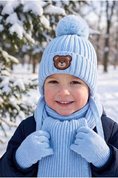 Aware Time Kitti 1-4 Years Old Boys' Fleece Scarf, Beanie, Gloves 3-Piece Set