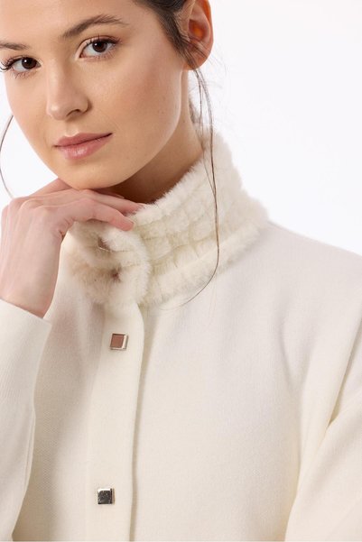 Tığ Triko Pocket and Collar Detailed Knitwear Jacket Ekru