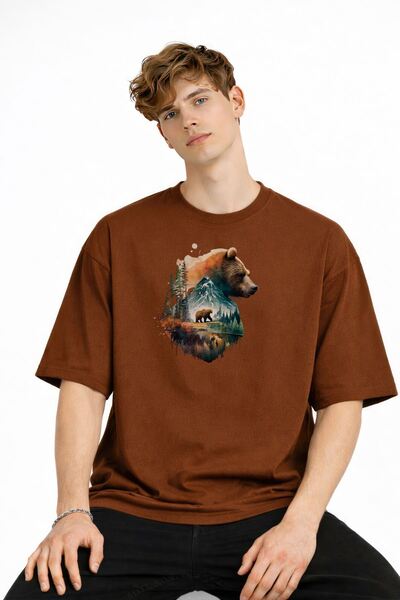 Zerenyus Bear2 - Premium Pamuklu Kumaş Oversize Unisex Tişört Kahve