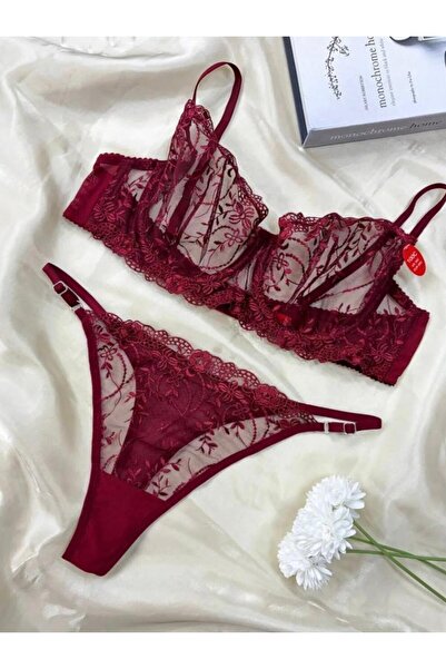 Büyük Beden C Kap Bordo Dantelli Sütyen Takımı (SÜTYEN & TANGA & BRALET & BÜYÜK BEDEN )