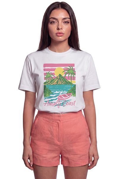 Color Luxe Women's Amalfi Coast Palm Tree Seascape Printed Relaxed Fit T-Shirt White