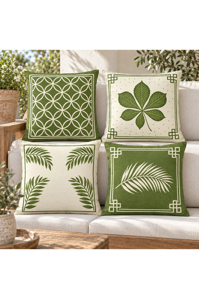 dekomingo Set of 4 Decorative Throw Pillow Covers with Green Leaves and Geome...