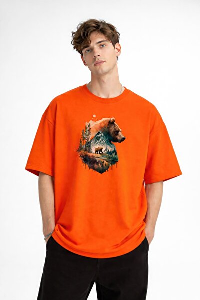 Zerenyus Bear2 - Premium Pamuklu Kumaş Oversize Unisex Tişört Turuncu