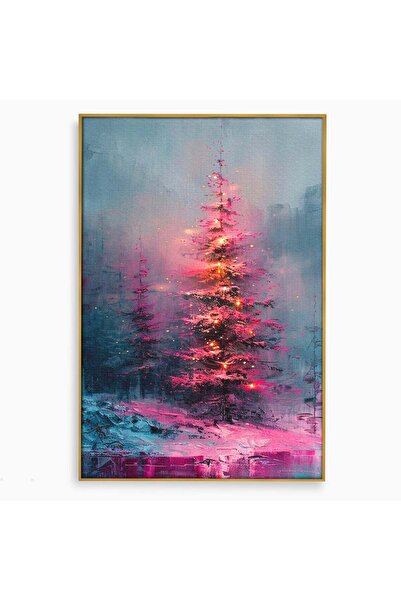 Luxcanva Tablou Canvas Bradul Fermecat 40x60 cm cu Rama Auriu Roz Iarna Peisaj