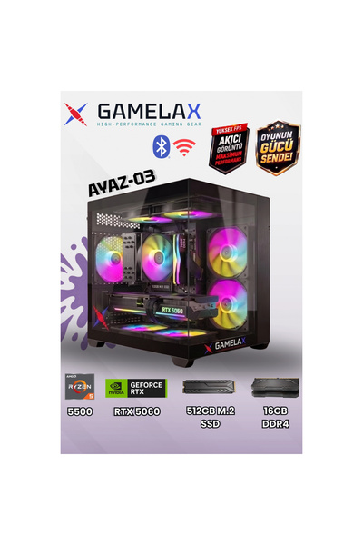 Gamelax AYAZ-03 AMD Ryzen5 5500 RTX5060 8GB 16GB DDR4 Ram 512GB M.2 SSD Wi-Fi...