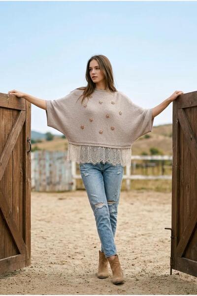 Genel Markalar Crystal Flower Lace Detail Women’s Knitwear / Taş Çiçek Detayl...