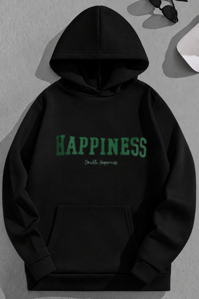 K KOZZ STYLE Unisex 3 Thread Cotton Black Happiness Print Loose Fit Sweatshir...