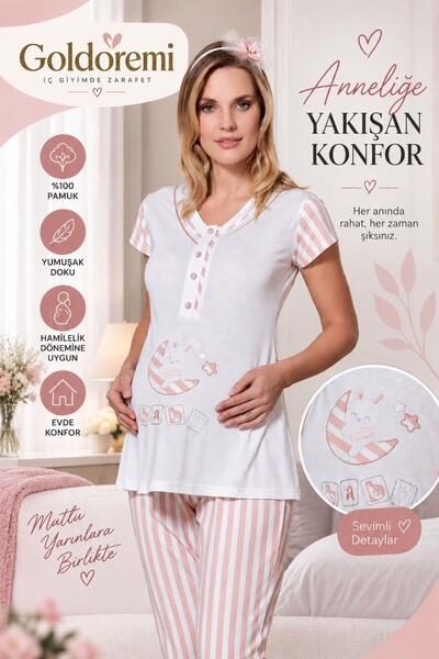 gd goldoremi 24-284 Women's Maternity Short Sleeve Striped Maternity Pajama Set
