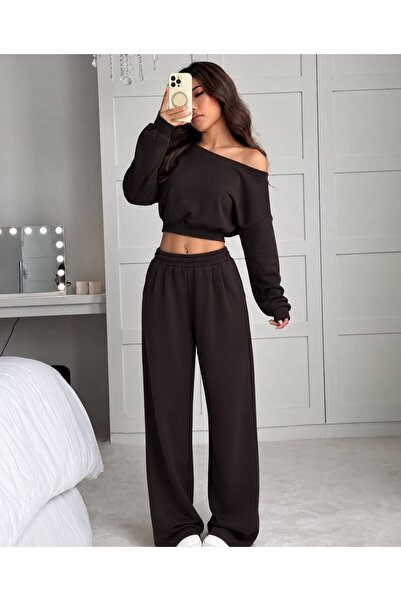 LOUİSA Kadın Siyah Bel ve Yaka Ribanalı Asimetrik Kesim Crop Sweatshirt-Bol P...