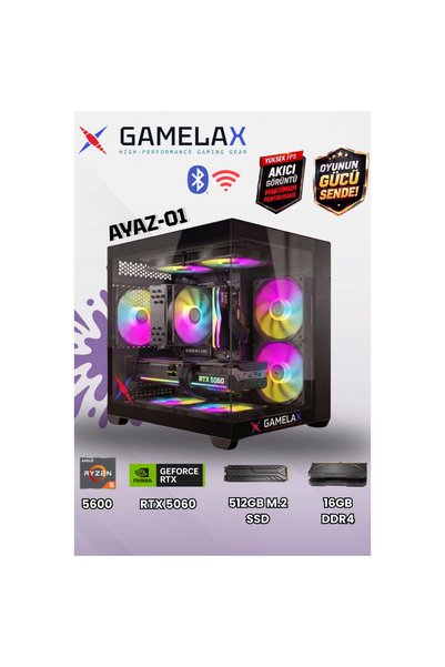 Gamelax AYAZ-01 AMD Ryzen5 5600 RTX5060 8GB 16GB DDR4 Ram 512GB M.2 SSD Wi-Fi...