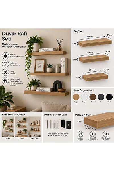 Genel Markalar 3 lü Duvar Rafı Seti 60cm,50cm,40 cm Dekoratif Duvar Rafı Meşe