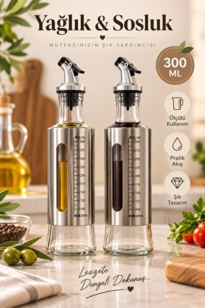 HAZARPAZAR 300 ml Cam Yağlık & Sosluk Metal Giydirmeli Gri Kapaklı Şişe