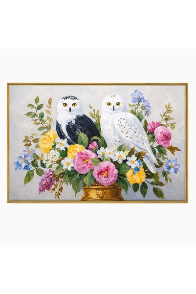 Luxcanva Tablou Canvas Bufnite In Aranjament Floral 60x40 cm cu Rama Auriu Bu...