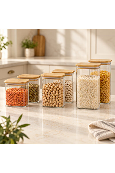 Queen’s Kitchen 6 قطع من البرطمانات الزجاجية المستطيلة ذات الأغطية الخيزرانية...