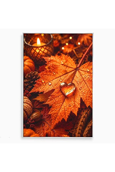 Luxcanva Tablou Canvas Frunza De Toamna 50x70 cm cu Rama Argintiu Picatura Ro...