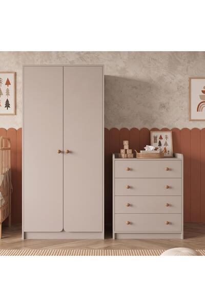 Bimossa TK2130 Daffy İki Parça Bebek Odası Takımı Kumtaşı - Raflı Gardırop ve...