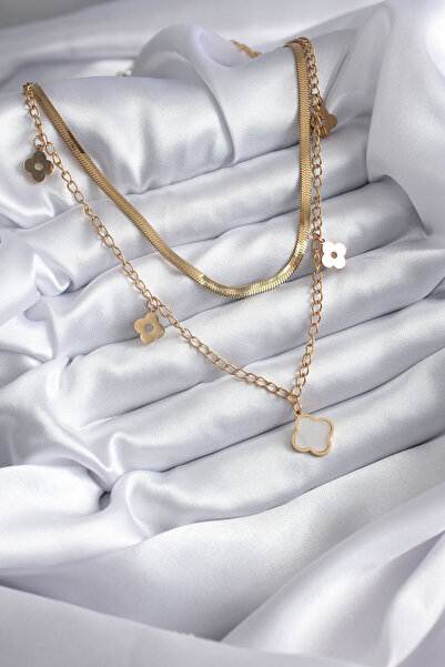 Clariss Gold Color 2-Piece Italian Chain White Clover Women's Necklace (316L ...