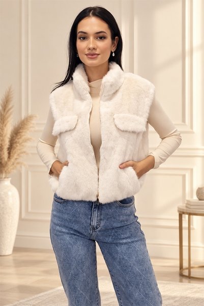 FashionForYou Vestă de blană ecologică CYNTIA, cu fermoar și guler înalt, Alb...