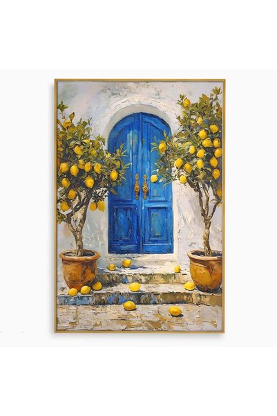Luxcanva Tablou Canvas Poarta Albastra Cu Lamai 80x120 cm cu Rama Auriu Poart...