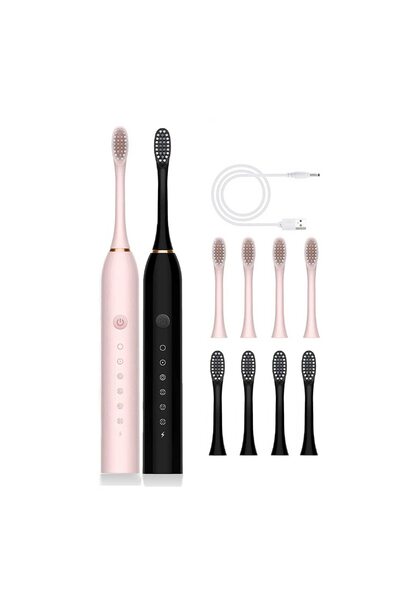 OneStore Set periuță de dinți electrică, 2 bucăți, 8 capete de rezervă, 6 viteze, USB, negru roz, 15x2.8x2.8cm