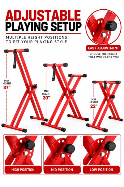 MegArya Red Double-Braced X-Style Keyboard Stand, Adjustable Folding Metal Piano Stand