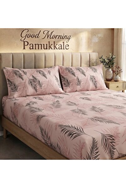 GOOD MORNİNG PAMUKKALE طقم ملاءة سرير مطاطية بنمط ريش وردي (180×200) + 2 غطاء...