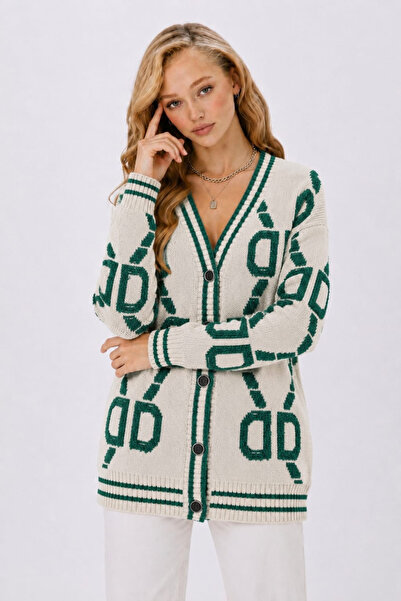EMR Online Women's Ecru Green Patterned Knitwear Cardigan V-Neck Buttoned Lon...