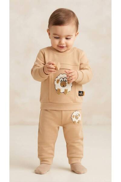Sevimli Koyun Aplıkeli Bebek Sweatshirt ve Eşofman Altı Takımı