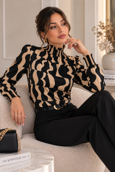 DRESSIFY WOMEN’S FASHION Bluză elegantă din jerseu cu mânecă lungă, cu guler înalt și imprimeu geometric pentru femei