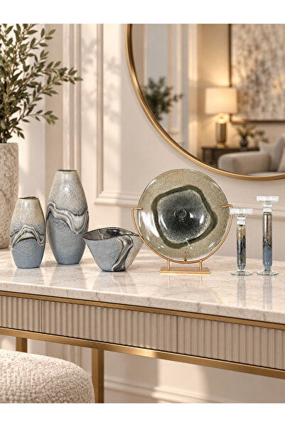 Hinora Home Gri Gold Cam 6 Parça Konsol ve Dresuar Dekorasyon Seti
