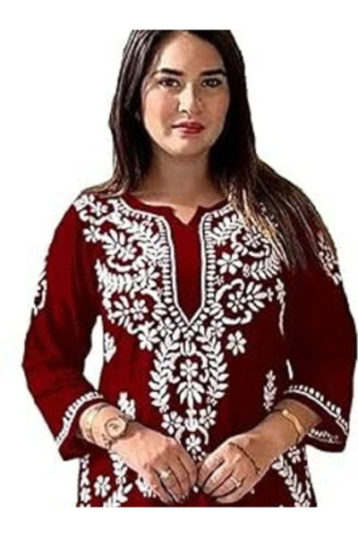 MYSMAR Maroon Rayon Chikankari Embroidered Kurta Pant Set - FFT8106 | Maroon-...