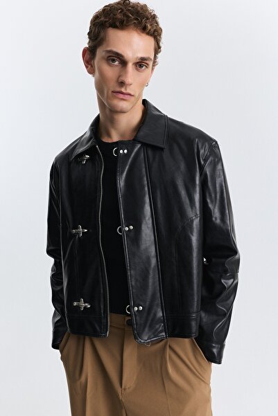 Antioch Metal Decorated Button Faux Leather Coat