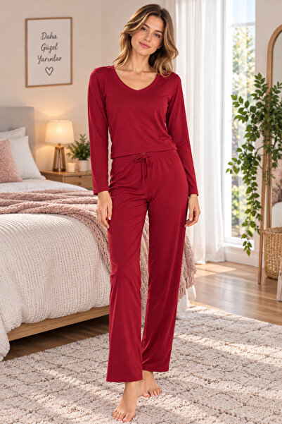 SERPİL Women's Burgundy V-Neck Long Sleeve Pajama Set Relaxed Fit Home Wear Set