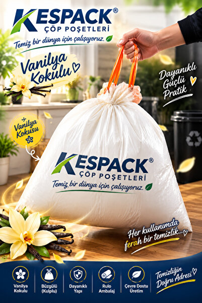 KESPACK Vanilya Kokulu Büzgüllü 45 Adet Çöp Poşeti 65x70 Büyük Boy Çöp Torbas...