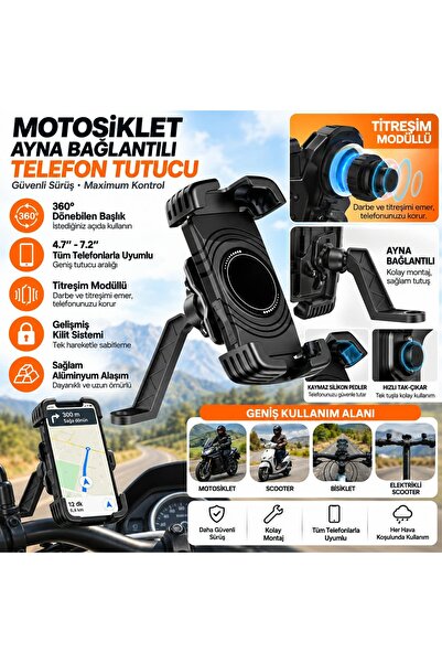 Asfal Titreşim Modüllü Ayna Bağlantılı Motosiklet Telefon Tutucu 360° Dönen 4.7-7.2 İnç Uyumlu Scooter Telefon Tutacağı