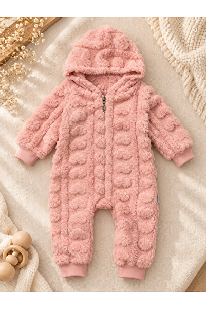 Lilliy Bebek Welsoft Tulum Kapüşonlu Fermuarlı Peluş Tulum Pembe 3-18 Ay